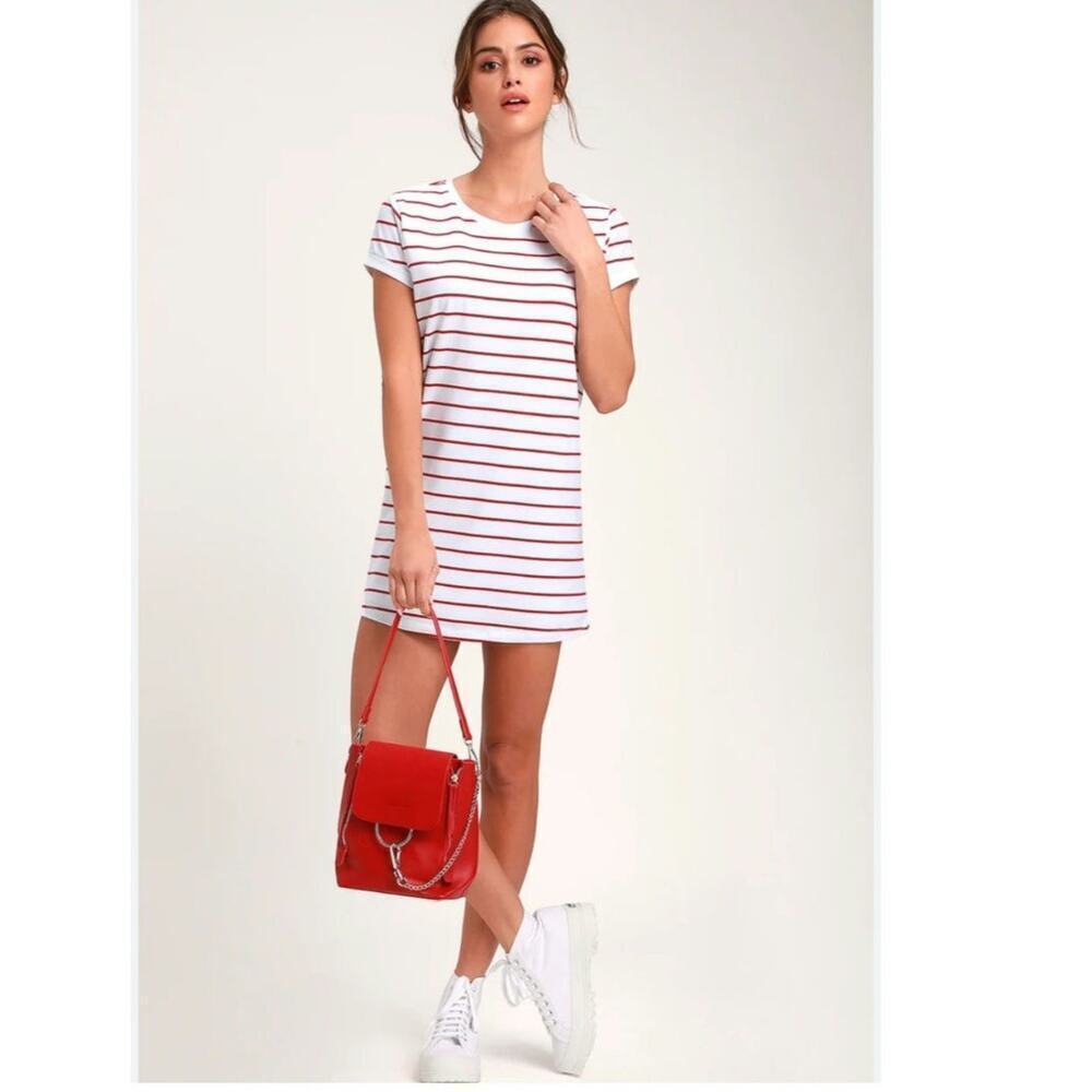 NWT Lulus Cafe Society White Red Lined Striped Shirt Dress Fisherman SM